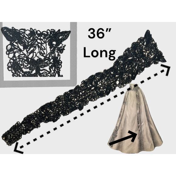 Giant Antique Victorian Jet Mourning Appliqué 36”x 5” 3ft Long Skirt Delineator
